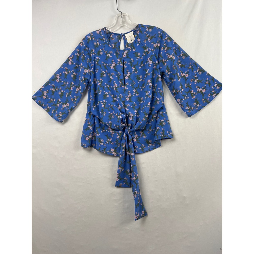 Harper Heritage Floral Tie Front Blouse Womens XS Blue Pink Excellent Cottage